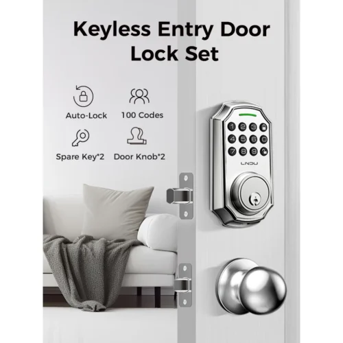 Keyless Entry Door Lock Deadbolt with Handle Set  100 Code Front  Keypad with Handle  Electronic Keypad Deadbolt with 2 Knob  One Touch Lock  Auto Lock Easy to tall D180