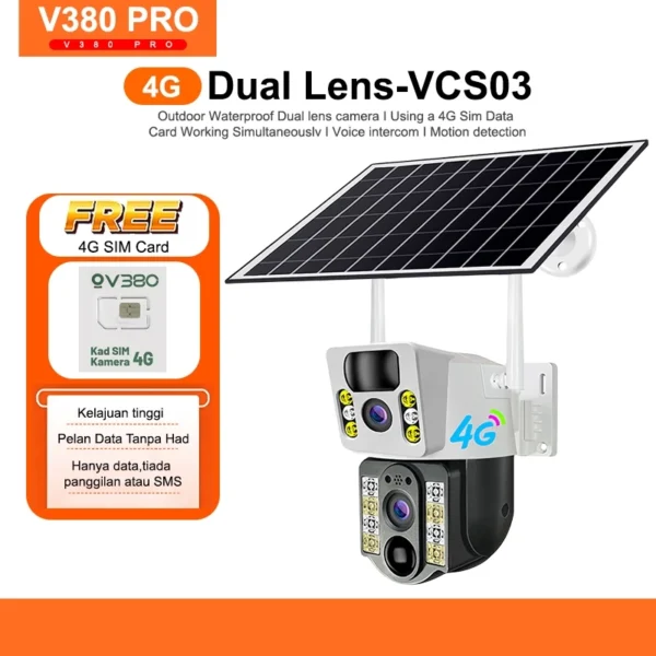my-11134207-7rasm-mcbqa1wsekmg54.webp V380 Pro VCS 03 Solar Outdoor Cctv Camera Wireless Dual lens Waterproof Wifi 360 HD 1080P 4G IP Camera