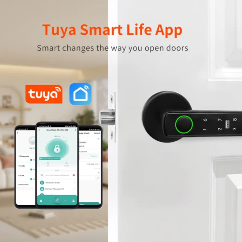 sg-11134201-7rau0-mapgd5lq0wo2cc.webp Tuya Bluetooth APP Intelligent Fingerprint Five in One Door Lock With Password Mechanical Key Unlocking Wooden Door Single Handle Smart life