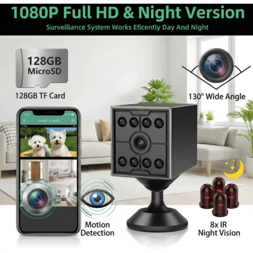 Mini WiFi Camera CCTV HD 130  Wide Angle 8 IR Night Vision 128GB SD Card Recording Portable Security Cam Motion Detection