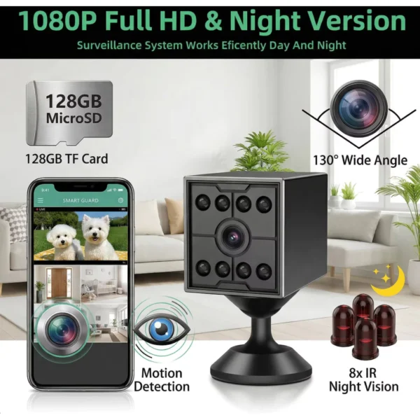 sg-11134201-8261a-mlbtx7sqqrk51c.webp Mini WiFi Camera CCTV HD 130 Wide Angle 8 IR Night Vision 128GB SD Card Recording Portable Security Cam Motion Detection