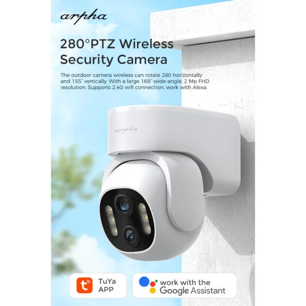 Arpha K16 1080P HD PTZ Outdoor Security Camera with Dual Lens Full Color Night Vision Smart Tracking 280  Wide Angle Zoom Two Way Audio IP65 Waterproof Motion Detection